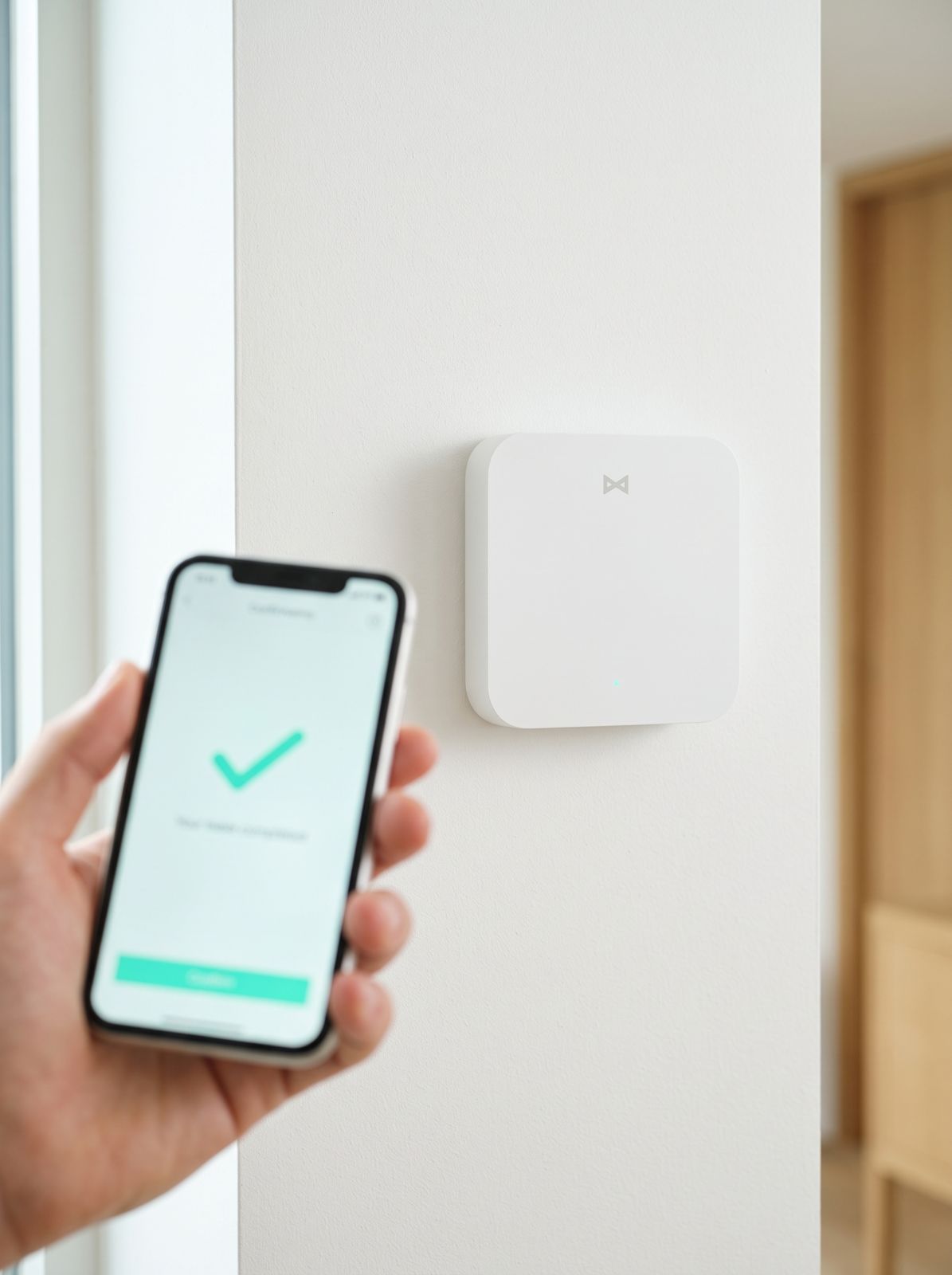 Hand mit Smartphone, das eine erfolgreiche Registrierung bestätigt, vor dem wibutler Gateway an der Wand
