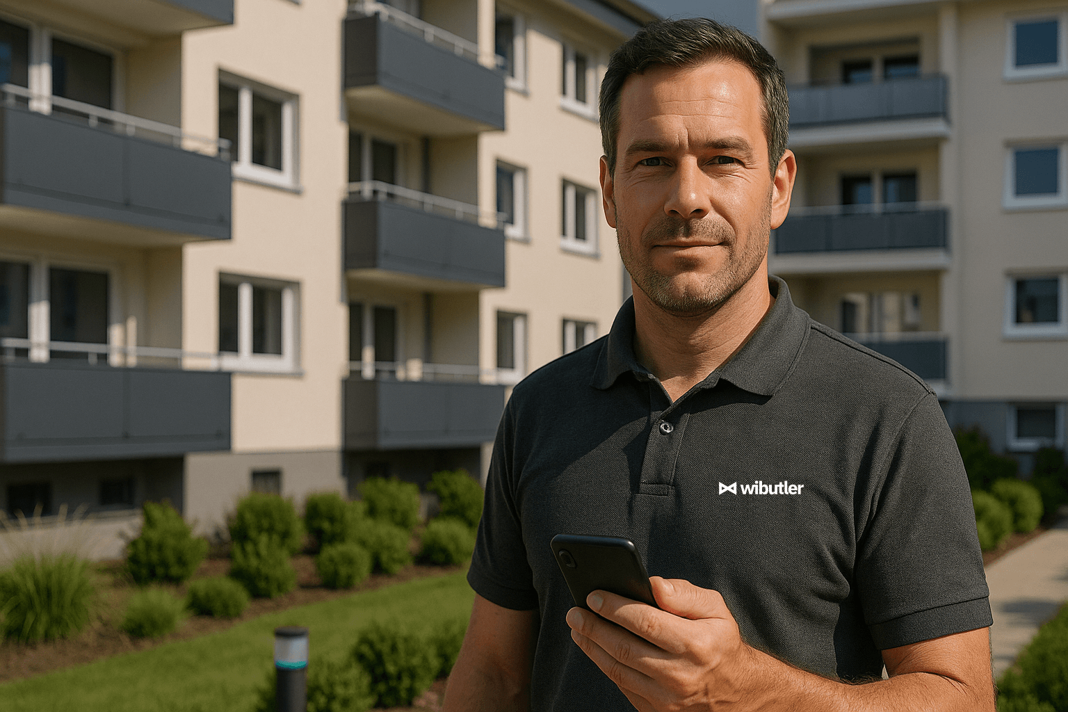 Ein moderner Handwerker steht selbstbewusst vor einem sanierten Mehrfamilienhaus aus den 1980er Jahren. Das Gebäude wurde energetisch optimiert mit neuer Fassade, modernen Fenstern und begrüntem Außenbereich. Der Handwerker trägt ein „wibutler“-Polo und hält ein Smartphone – Symbol für smarte Gebäudetechnik, mit der sich der Energieverbrauch in Gebäuden senken lässt.