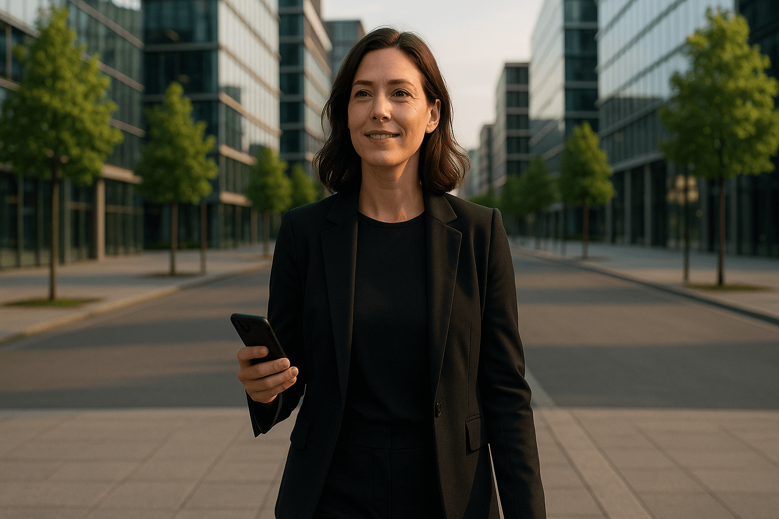 Junge Frau Mitte 30 in professioneller, moderner Kleidung (Charcoal) läuft durch ein modernes Wohn- und Geschäftsquartier mit breiten Straßen, modernen Glasgebäuden und zahlreichen Bäumen in Lagoon-Farbton. Sie hält ein Smartphone locker in der Hand und blickt entspannt an der Kamera vorbei, während die Abendsonne lange Schatten wirft.