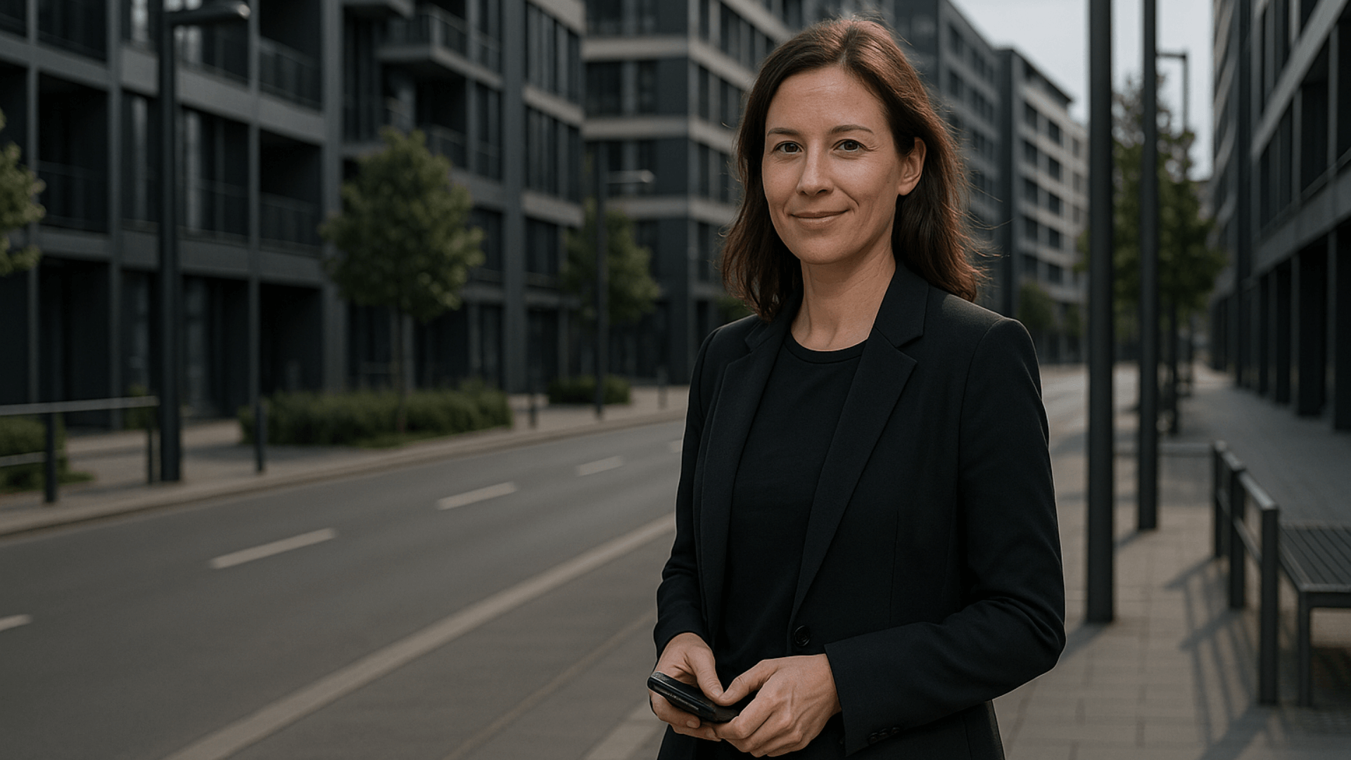 Frau steht in moderner Wohn- und Geschäftsumgebung mit Handy in der Hand um Liegenschaften zu verwalten.